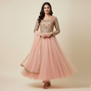 Lashkara Women's Indian Pakistani 3-Piece Maxi Dress Anarkali, Peach